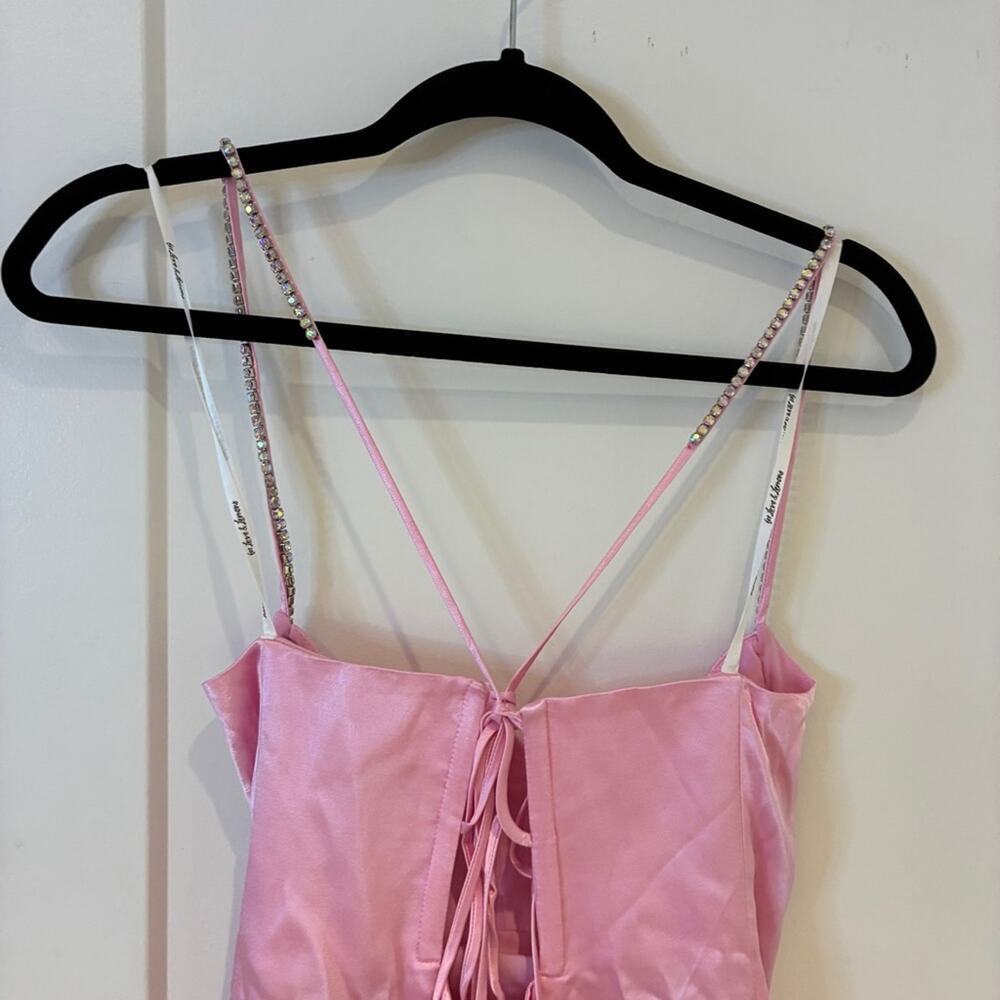 NWT For Love & Lemons Pink Satin Rhinestone Trim Elora Mini Dress Lg MSRP $239 - Picture 6 of 12